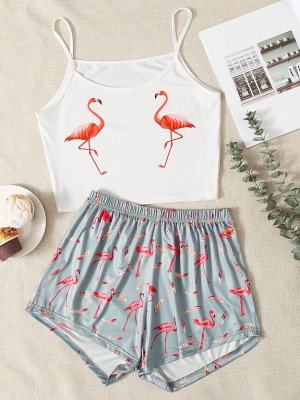 Bestselling new hot New Style Lady’S Summer Flamingo Print Camisole With Shorts Pajama Set Cute Comfortable Home Wear Sleepwear Underwear