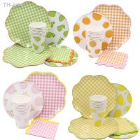 △℗ 1set Fruits Disposable Tableware Orange Lemon Peach Plates for Kids Summer Fruits Themed Happy Birthday Party Decoration Supply