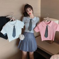 2021spring New Korean Style Hong Kong Style Short-Sleeved Tie Knitted Top + High Waist Pure Color Pleated Skirt Suit for Women