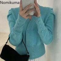 Nomikuma 2020 Autumn New Women Knitwear Coat Korean Puff Long Sleeve V-neck Slim Short Knitted Cardigan Sweater Jacket 6C490