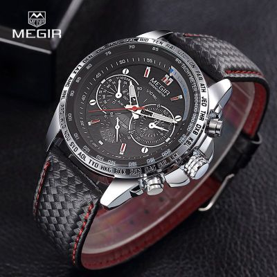 MEGIR Mens Business Watch Top Brand Multifunctional Luminous 3ATM Waterproof Stop Leather Quartz Watch Relogio Masculino 1010G
