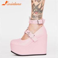 Drop Shipping On Sale Gothic Style Brand Design Plus Size 35-42 Ankle Straps Wedges Heels Heart Platform Pink Sweet Women Shoes