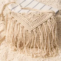 Simple Long Tassel Square Cotton Woven Bag Handmade Knitted Vintage Straw Female Fashion Shoulder Beach Summer Handbags