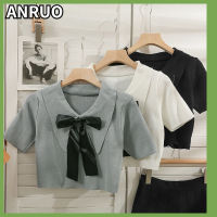 ANRUO Han เสื้อสเวตเตอร์แขนสั้นเสื้อเชิ้ตมีปกเข้ารูปติดโบว์เสื้อสเวตเตอร์แขนสั้นสำหรับผู้หญิง