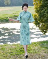 เซ็กซี่ Flare Sleeve พิมพ์ซาติน A-Line Cheongsam Elegant R ผู้หญิง Qipao จีนทุกวัน Dress