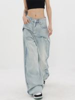 Women Retro Wash Straight High Waist Jean Trousers Baggy Ripped Tassel Design Denim Pants Female American Style Streetwear Chic