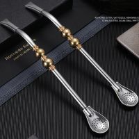 New Golden Duble Bead Straw Spoon Removable For Clean Tea Filter Yerba Mate Straws Reusable Drinking Milk Spoon Kitchen Supplies