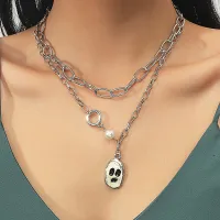 [COD] gift retro ghost face necklace European and cross-border multi-layer pearl clavicle chain fashion sweater