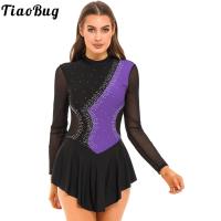 แขนยาว Rhinestone สเก็ตรูปผู้หญิงตาข่าย Skirted Leotard Ballroom Performance บัลเล่ต์เต้นรำยิมนาสติก Dancewear