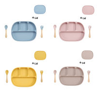 Newly Designed Four-Compartment Dinner Plate Food Grade Silicone Suction Plate Wooden Handle Fork Spoon Childrens Product