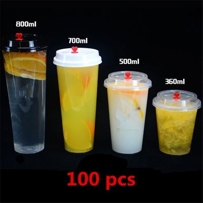 【CW】■♨ﺴ  pcs Disposable Transparent Plastic Cup Juice Cups Cold Drinks Takeaway (with Lid)  bubble tea coffee cup