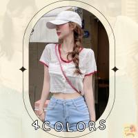 โอมากๆ?แฟชั่น เสื้อไหมพรมขอบสีแต่งหยัก ฉลุลายสามเหลี่ยม 4 สี แขนสั้นคอวี