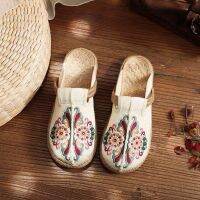 COD DSFGERERERER Casual Linen Handmade Embroidery Mules Retro Vegan Summer Canvas Comfortable Espadrille Shoes