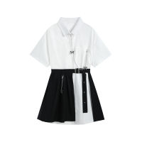 Vintage Gothic Shirt Dress Women White Short Sleeve High Waist Irregular Pleated Skirt Two Pieces Punk Streetwear Dress Female