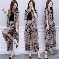 COD DSFERTGERRYYY [HotSaleFC] 2pcs Chiffon Women Casual Set Wear Loose Suit Wide Leg Pants Long Blouse Set