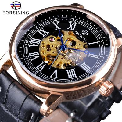 Forsining Fashion Blue Hands Design Rose Golden Clock Mens Automatic Watches Top Brand Luxury Black Genuine Leather Belt