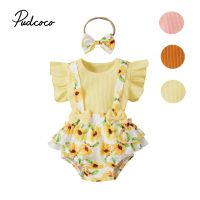 Toddler Baby Sunflower Printing Three-pieces Set, Infant Girl O-neck Flying Sleeve Tops + Suspender Shorts + Headband Set Summer  by Hs2023