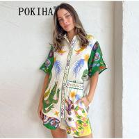 Pokiha Summer Print Women Shirt Elastic Waist Shorts Sets Beach Holiday Casual Loose Suits Short Sleeve Shirts Two Piece Sets