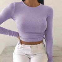 Sexy O-Neck Long Sleeve Bodycon Cropped Tops Autumn 2023 Women Irregular Drawstring Bandage Knitted Solid T-Shirt