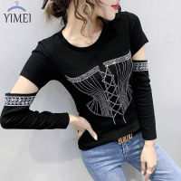 YIMEI เสื้อเสื้อสีดำแขนยาวผู้หญิงอุตสาหกรรมหนักใหม่2023ฤดูใบไม้ผลิ,เสื้อผู้หญิงใหม่เสื้อผู้หญิงผ้าฝ้ายแท้เข้ารูปเข้ารูปพอดี