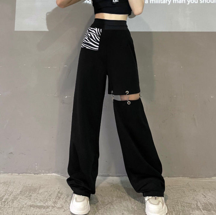 สีดำขากว้างกางเกงคาร์โก้ผู้หญิงกลวงออก-streetwear-กางเกงเอวยางยืดเย็บปะติดปะต่อกันแฟชั่นเกาหลีฤดูร้อน