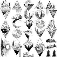 Black Geometric Mountain Forest Temporary Tattoos For Women Adult Girl Men Sun Moon Sea Fake Tattoo Neck Arm Hands Small Tatoos Stickers