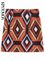 KPYTOMOA Women Fashion Geometric Print Mini Skirt Vintage High Waist Side Zipper Female Skirts Mujer