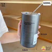 แก้วเก็บความเย็น 600ml เก็บความร้อน สแตนเลส 304 แก้วกาแฟ กระติกเก็บความเย็น coffee cup stainless แถมหลอดสแตนเลส gray