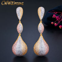 CWWZircons Luxury Water Drop Balls Long Dangle Earrings for Women Wedding Micro CZ Zircon Dubai Indian 3 Tone Gold Jewelry CZ670