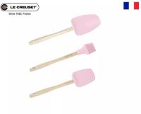 Le Creuset 3 Piece Food Grade Silicone Cookware Set, Spatula, Brush, Spoon, Pink Cookware Set Wooden Handle, High Temperature Scraper