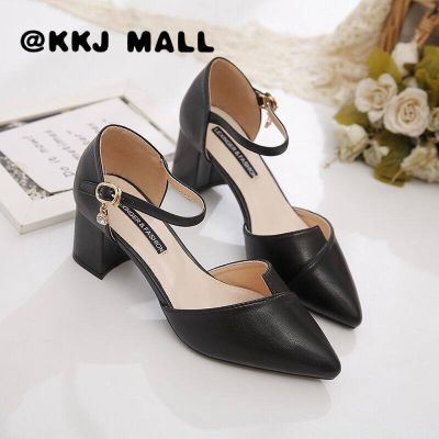 KKJ MALL Womens Shoes 2021 Summer New Mid-heel Comfortable Pointed Sandals Korean Version You Try A Word Buckle Baotou All-match Sandals Women