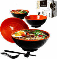 Vallenwood 4 Noodle Bowl (16 piece) Melamine Large Ramen Bowls Set. Asian Chinese Japanese or Pho Soup 32oz. With Spoons, Chopsticks and Stands Complete Dinnerware. Thai Miso Udon Noodles Ram Dom.