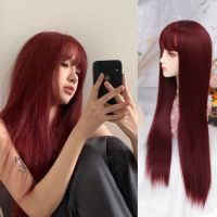 Long straight synthetic Burgundy wig with bangs womens heat-resistant wig daily wear wig Wig  Hair Extensions Pads