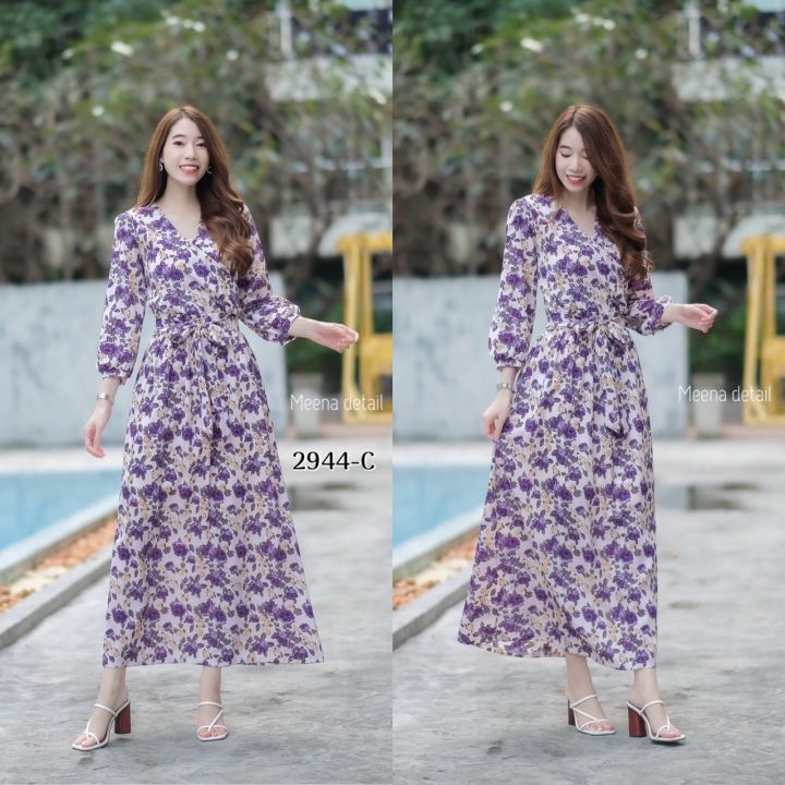 Maxidress เดรสแขนศอก ทรงคอวี