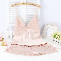 COD S-3XL Plus Size Women Pajamas Ice Silk Sling+Shorts Suit Sleepwear