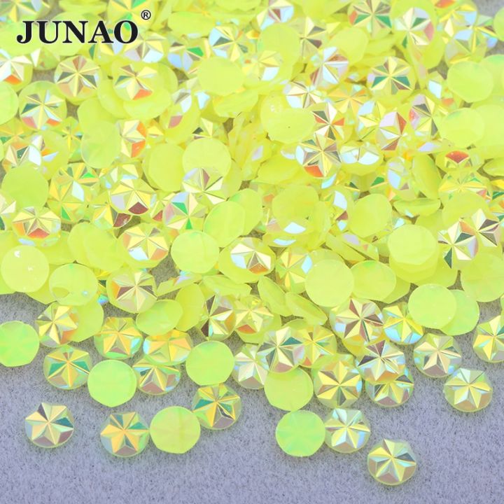 junao-สติ๊กเกอร์พลอยดอกไม้เรซิ่นพลอยคริสตัล-ab-สีเหลืองนีออนหลังแบนรอบหินหน้าตกแต่งศิลปะเล็บเครื่องประดับ-diy-และ-ot-5มม-จำนวน500ชิ้น