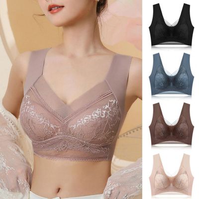 Women Brassiere Plus Size Seamless Lace Mesh Breathable Breast Support Wide Shoulder Strap Padded No Constraint Lady Bra