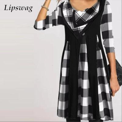 Fashion Office Lady Plaid Loose A-Line Dresses Women Elegant Long Sleeve Pullover Dress Sexy V Neck Autumn Midi Dresses Vestidos