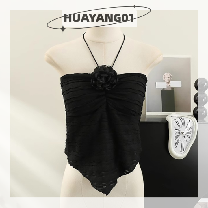 huayang01-2023แฟชั่นสุดฮอตสำหรับผู้หญิง-เสื้อสายเดี่ยวคล้องคอลายดอกไม้สุดฮอตเสื้อกล้ามอกสีทึบแขนกุดทรงสลิมแหวกแนวสำหรับฤดูร้อน