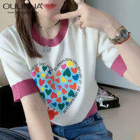 OULINNA เสื้อสเวตเตอร์ถักคอกลมของผู้หญิง,เสื้อยืดผ้าวิสคอสพิมพ์ลายความรักบางแขนสั้นสีตัดกันสำหรับฤดูร้อนปี2022