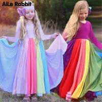 Ins Autumn Long-sleeved Girls Chiffon Dress New Rainbow Dress Colorful Color Dresses Childrens Princess Party Dress  by Hs2023