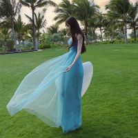 COD DSTGRTYTRUYUY 2021 Summer New Fairy Sweet Blue Gauze Dress Maldives Mesh Beach Maxi Dress