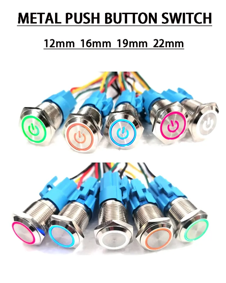 12/16/19/22mm Waterproof Metal Push Button Switch LED Light Momentary  Latching Car Engine Power Switch 5V 12V 24V 220V Red Blue) (Color : Blue  Ring