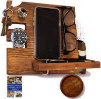 Peracos Wooden Docking Station for Men and Nightstand Organizer - Holds Phone Keys, Watch, Wallet, Ring, Pen, Glasses, Ring Comes with Coaster and eBook