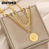 DIEYURO 316L Stainless Steel Three-tiered Round Brand Pendant Necklace Female Fashion Retro Thick Chain Punk Style Party Gift