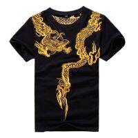 Golden Dragon Embroidery Men Cotton T-Shirt 2023 New Casual Summer Tops Short Sleeve Tee Shirts Black / White