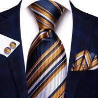 Navy Blue Gold Striped Silk Wedding Tie For Men Handky Cufflink Gift Men Necktie Fashion Business Party Dropship Hi-Tie Designer