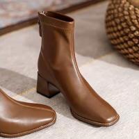 CODwumei04 READY STOCK Brown Soft Leather Chunky Heel French Short Boots Womens 2022 New Slim Boots Middle High Heel Ankle and Bare Boots 棕色软皮粗跟法式小短靴子女2022年新款显瘦靴脚中高跟踝及裸靴