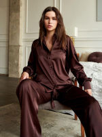 Dark Brown Sleepwear Women Pajama Sets Trun Down Collar Trouser Suits Single Breasted Womens Suit Autumn Pajamas Satin Homewear