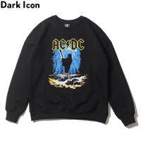 สเวตเตอร์กำมะหยี่คอกลมของผู้ชายพิมพ์ลาย ACDC ร็อคย้อนยุคไอคอนสีดำอินเทรนด์